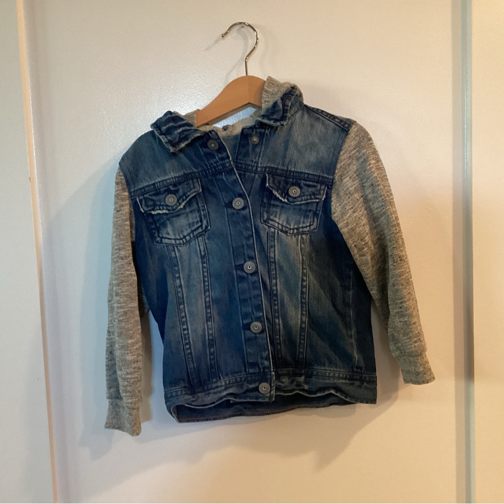 art class Denim Jacket with Gray Knit Sleeves